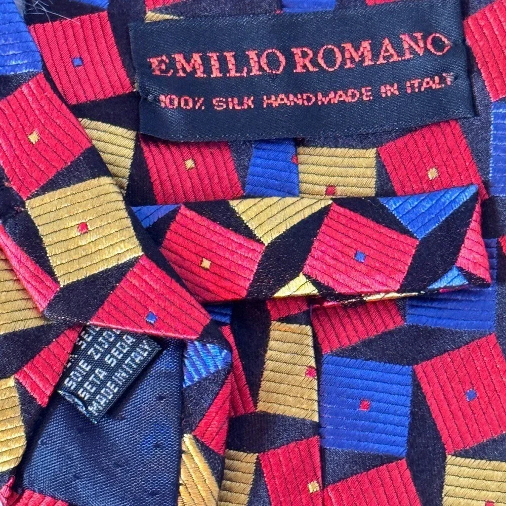 Emilio Romano Silk Tie Handmade‎ Italy Geometric 3D Cube Red Blue Yellow Black